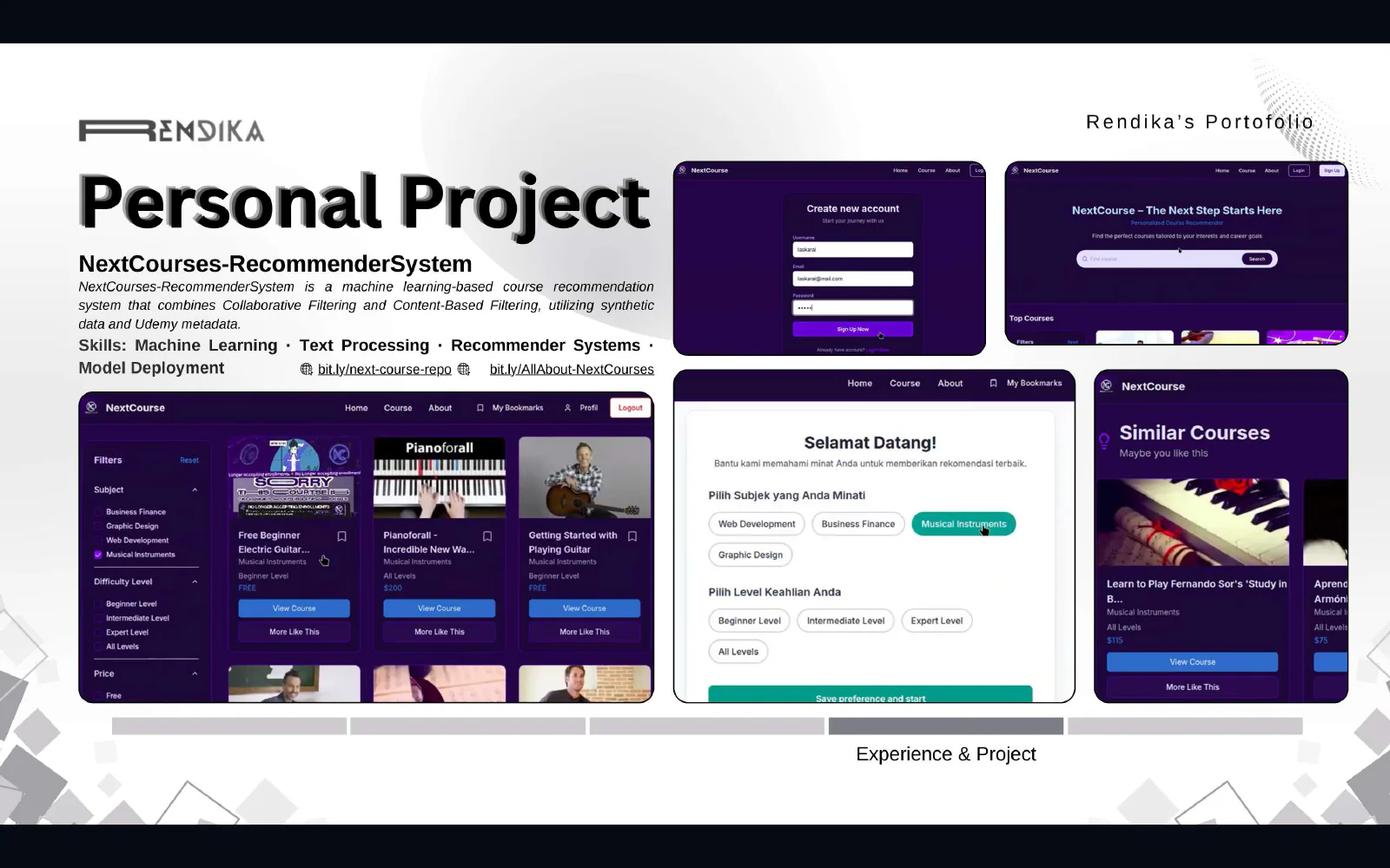 NextCourses recommendation interface screens preserved from Rendika's portfolio archive